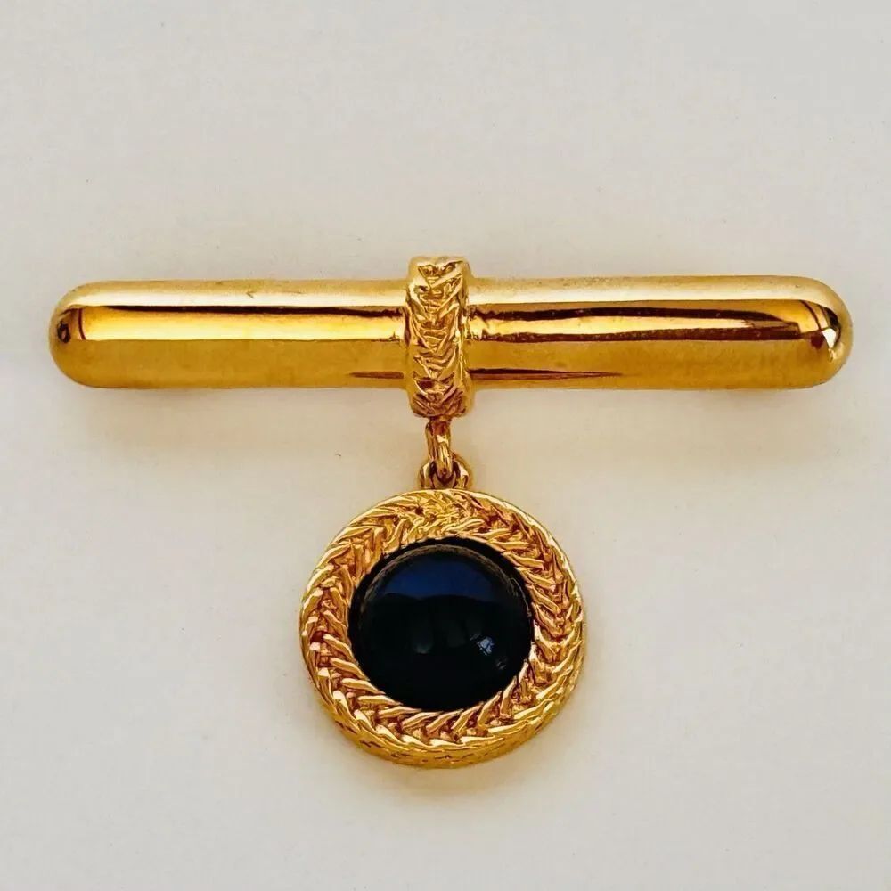 Vintage Monet Bar Dangle Brooch Gold And Black Cabochon Medallion 2” Signed